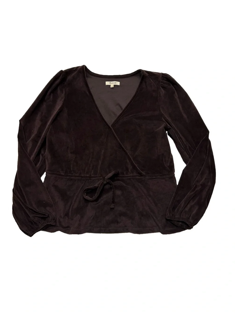 MADEWELL Women Velour Peplum Ribbed Long Sleeve V Neck Top Sz L Chocolate Brown